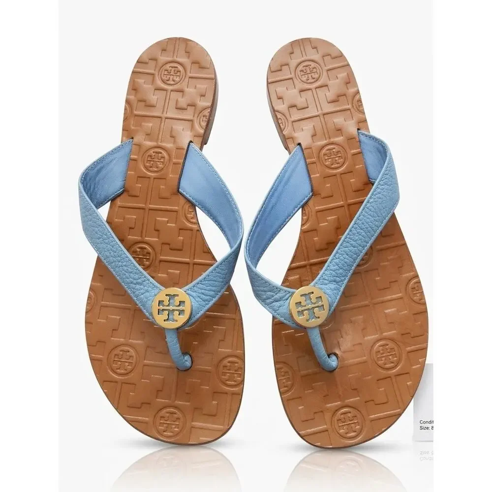 Tory Burch Thora Sandal 8M Chambray Blue Snake Leather Logo Thong Flip Flop Shoe